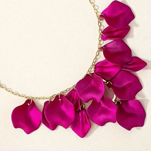 Elegant Fuchsia Petal Necklace 14K Gold Plated Chain - Picture 5 of 5